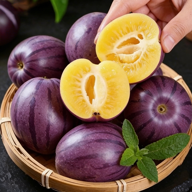 Purple Pepino fruit growing on the plant