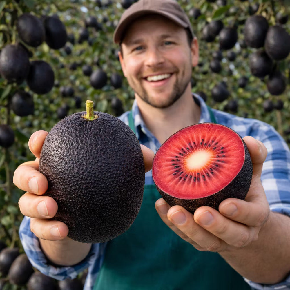 Black Diamond Ruby Kiwi showing dark skin and ruby red flesh