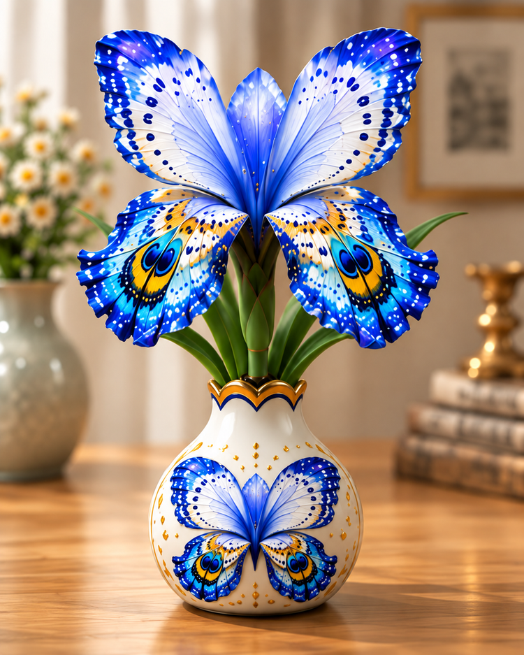 Blue & White butterfly-inspired floral design illustration